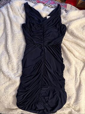 Soprano Navy Ruched V-Neck Sleeveless Midi Dress